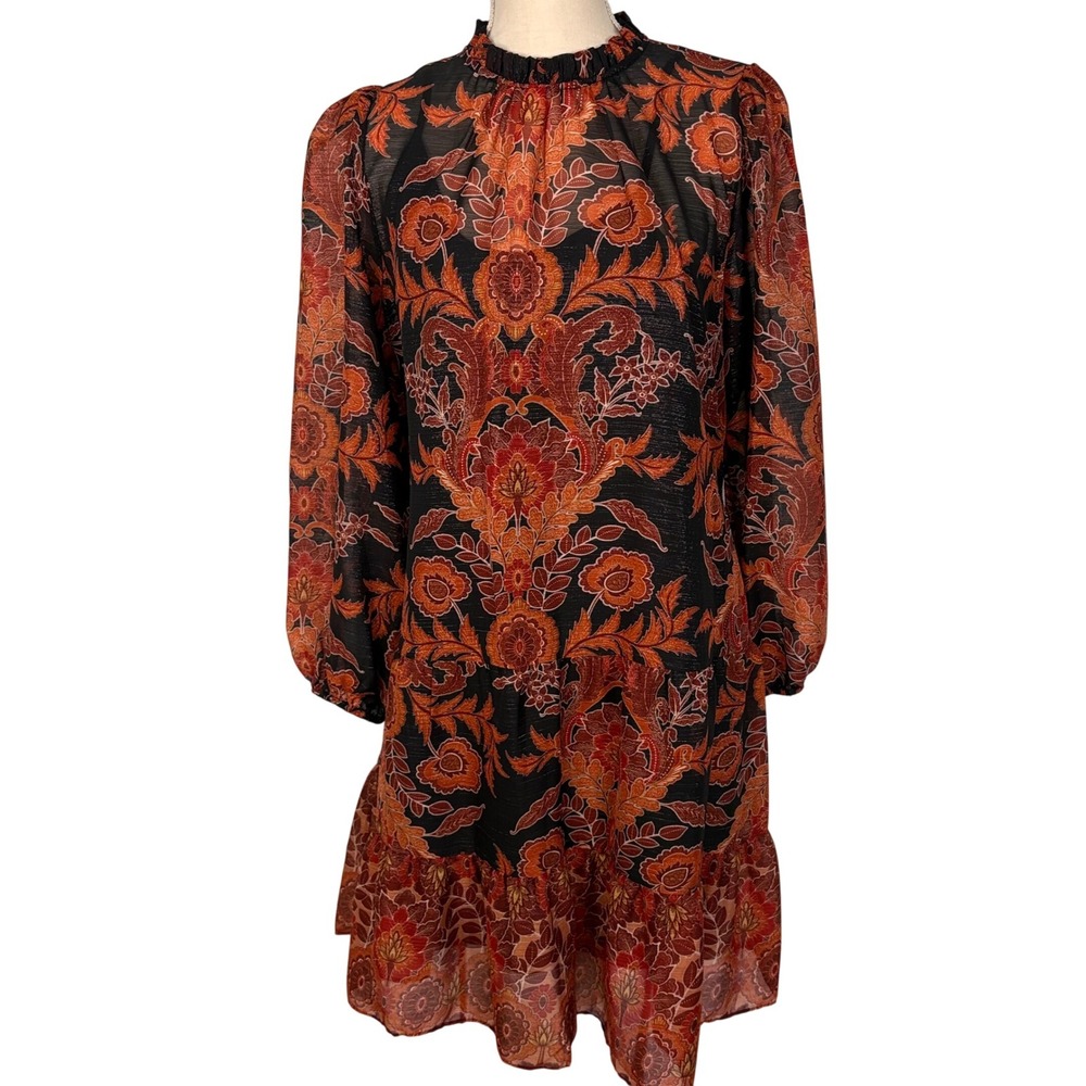 Julia Jordan Dress Metallic Floral Paisley Ruffle Neck Midi Black Orange Size 12 - Picture 2 of 11